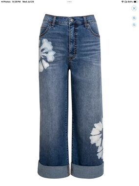 Jessica Simpson Blue Wide-Leg Jeans with White Floral Accents